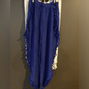 Medium blue beach wear, resort, swimsuit cover up pants with tassels